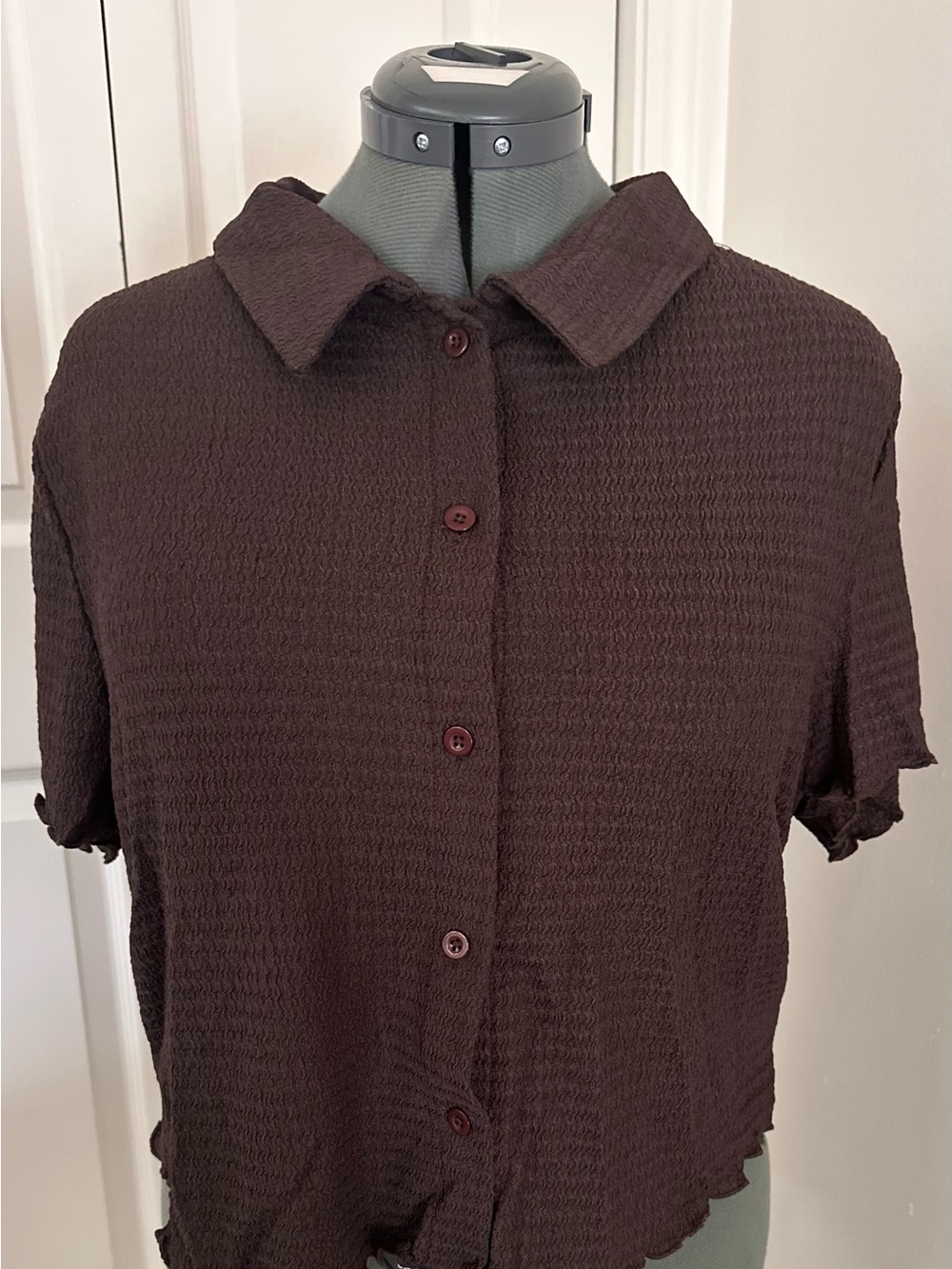 SHEIN Dark Brown Textured Button-Down Short Sleeve Shirt w/ shorts